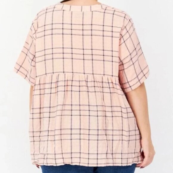NWT Gloria Vanderbilt Women V-Neck Short Sleeves Plaid Blouse Coral Pink size XL - Picture 2 of 6